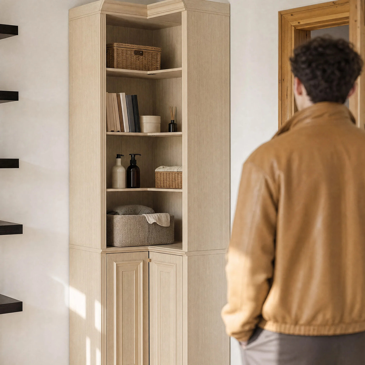 Tall Corner Cabinet with 4-Tier Open Shelves