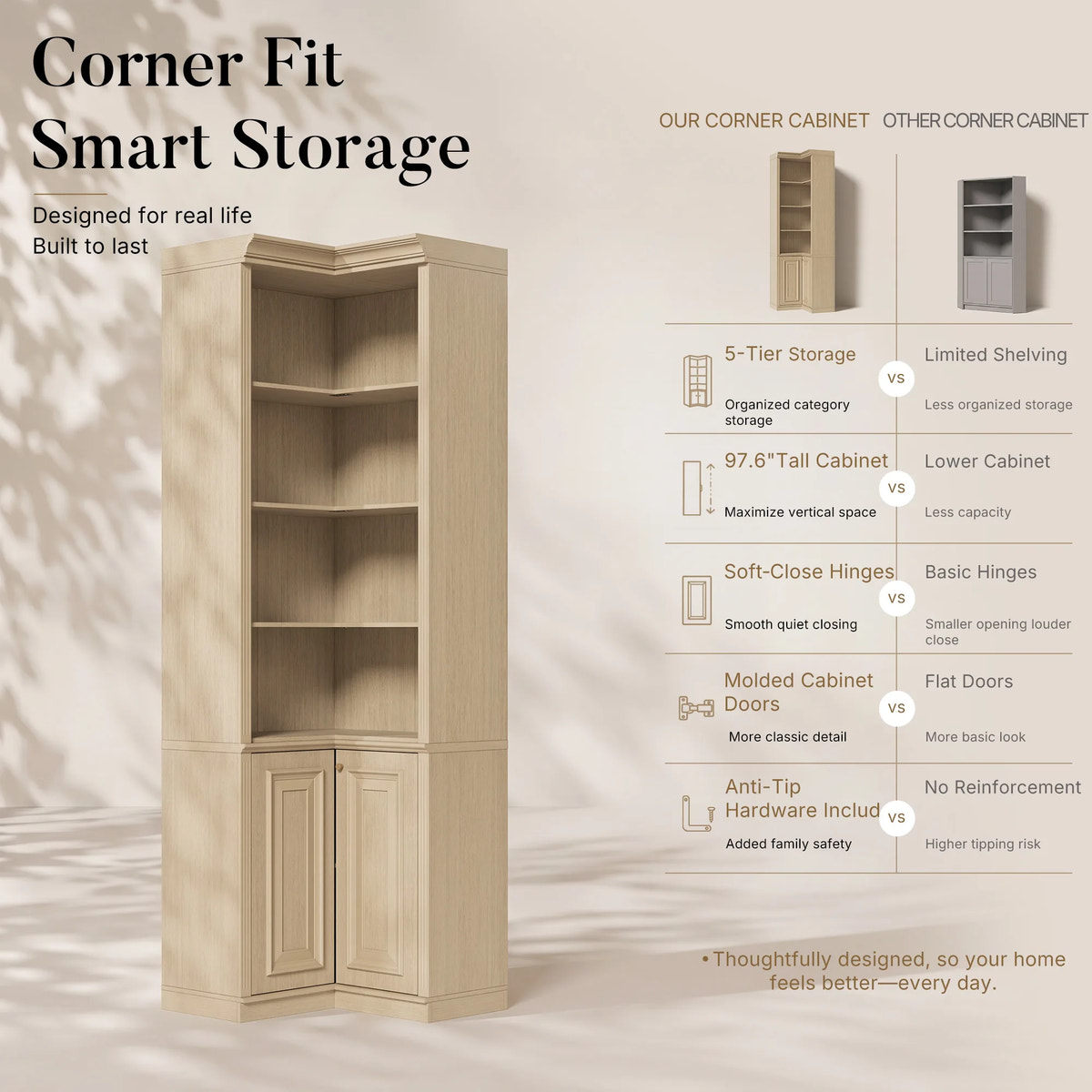 Tall Corner Cabinet with 4-Tier Open Shelves