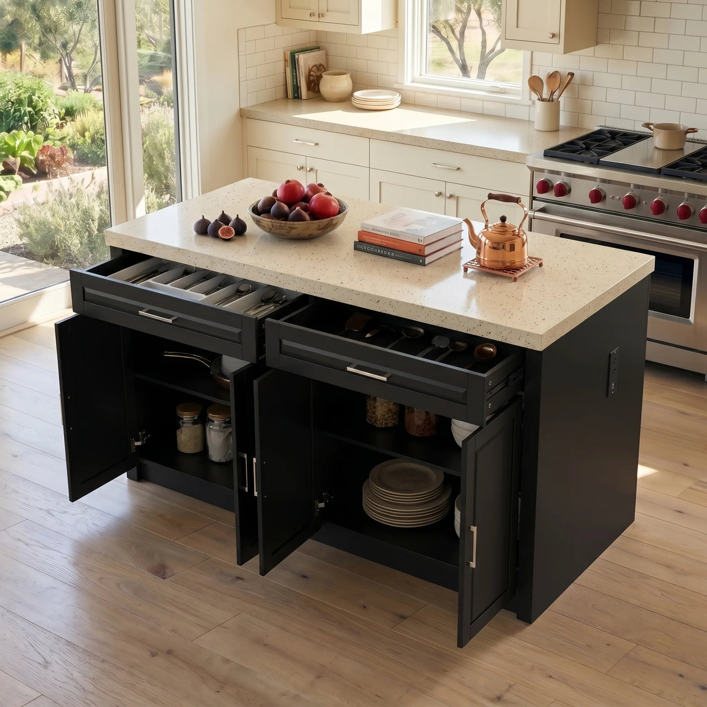 Modern Double-Sided Kitchen Island with Storage and Seating Space-Black