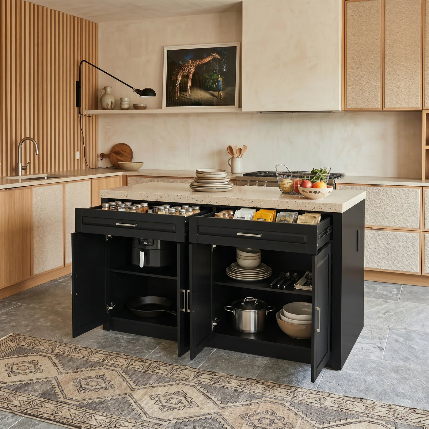 Modern Double-Sided Kitchen Island with Storage and Seating Space-Black