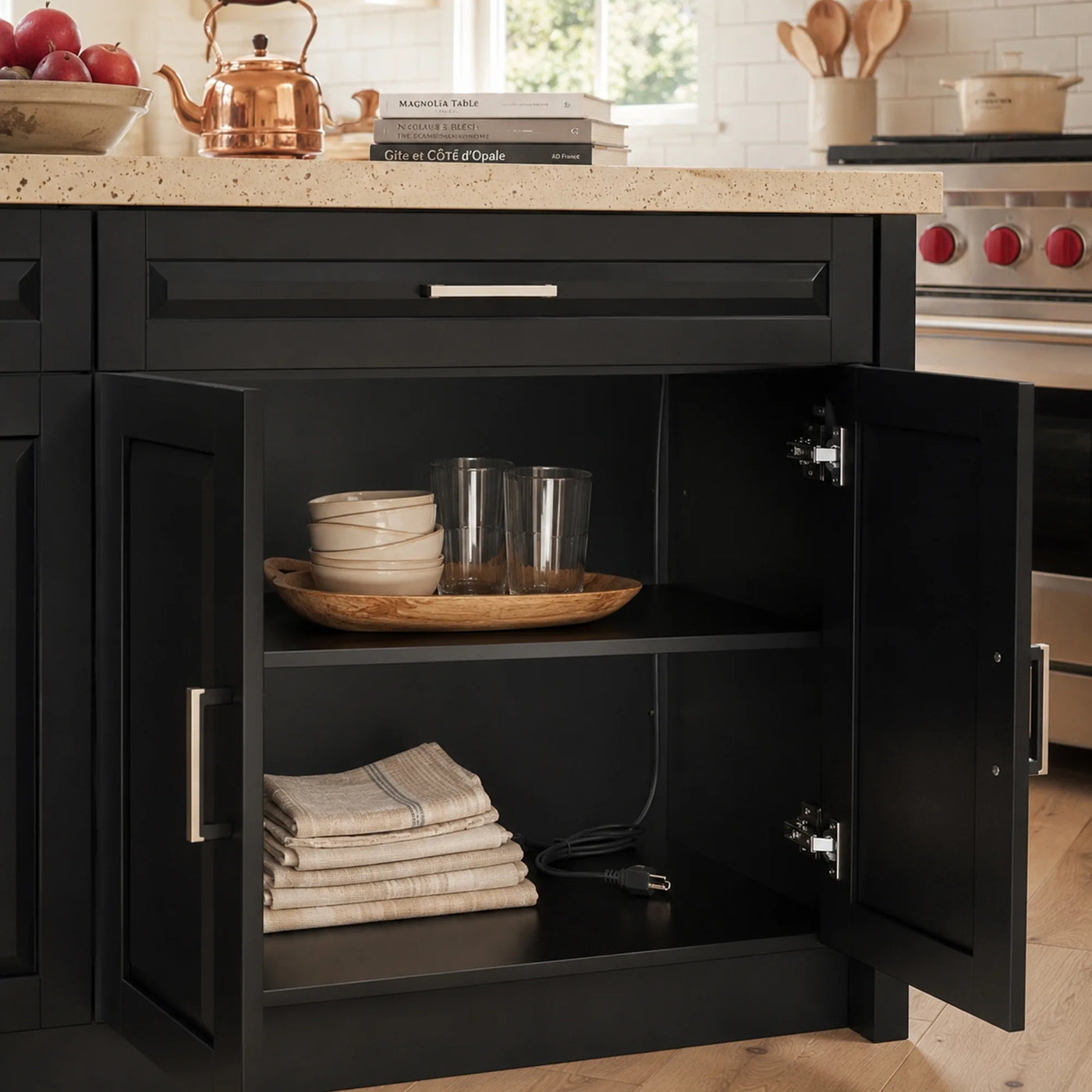 Modern Double-Sided Kitchen Island with Storage and Seating Space-Black