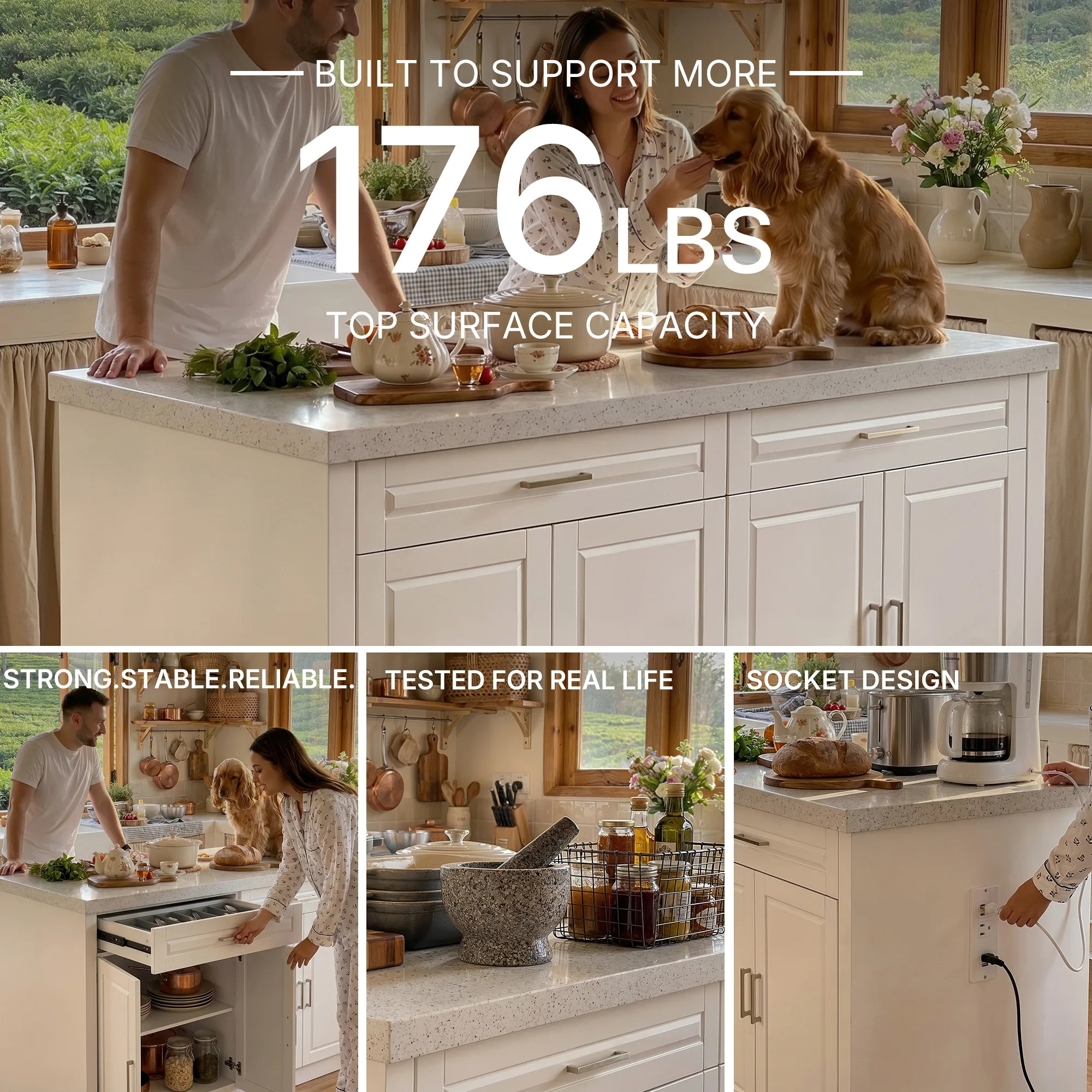 Modern Double-Sided Kitchen Island with Storage and Seating Space-White