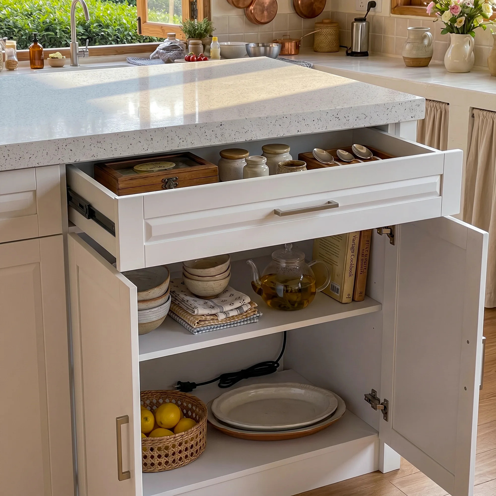 Modern Double-Sided Kitchen Island with Storage and Seating Space-White