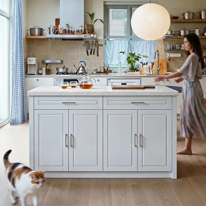 Modern Double-Sided Kitchen Island with Storage and Seating Space-White