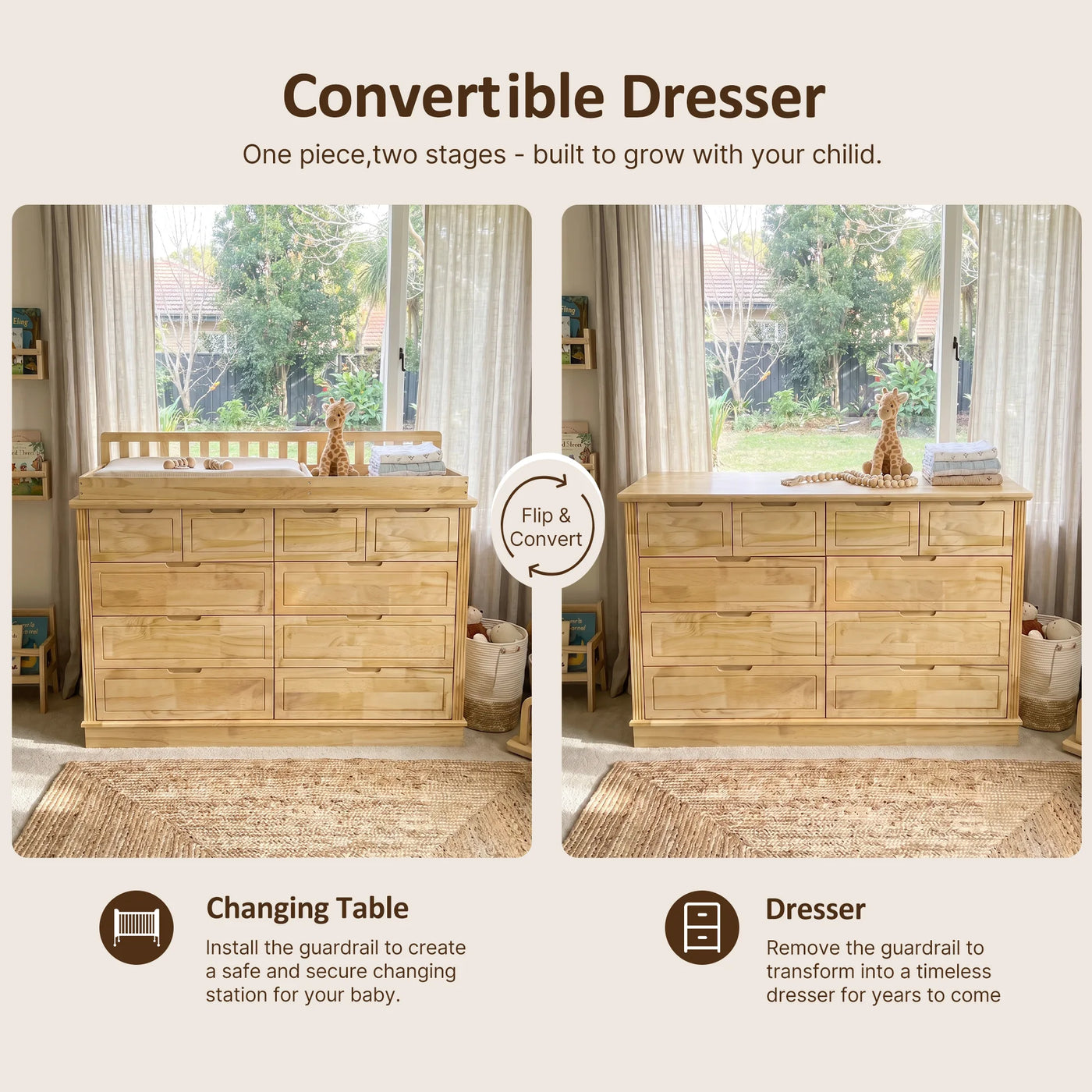 Solid Wood Changing Table with Drawers and Handle-Free Design-Natural