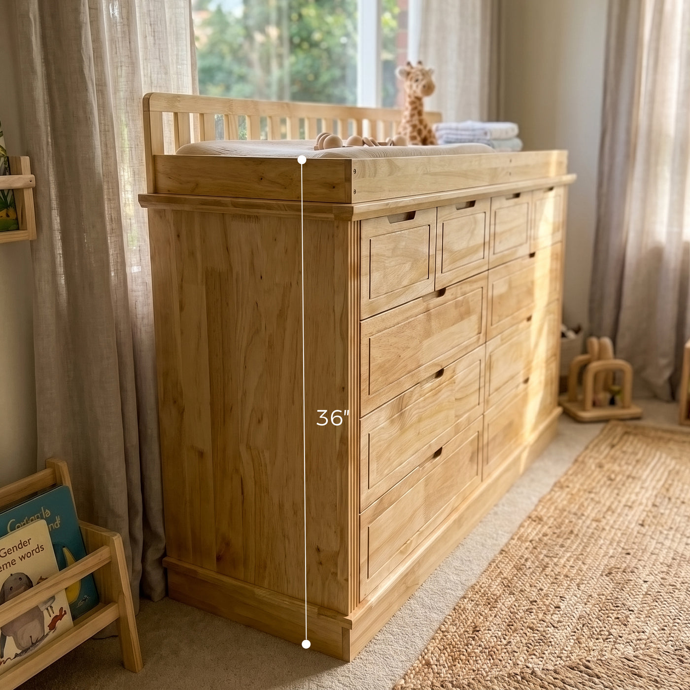 Solid Wood Changing Table with Drawers and Handle-Free Design-Natural