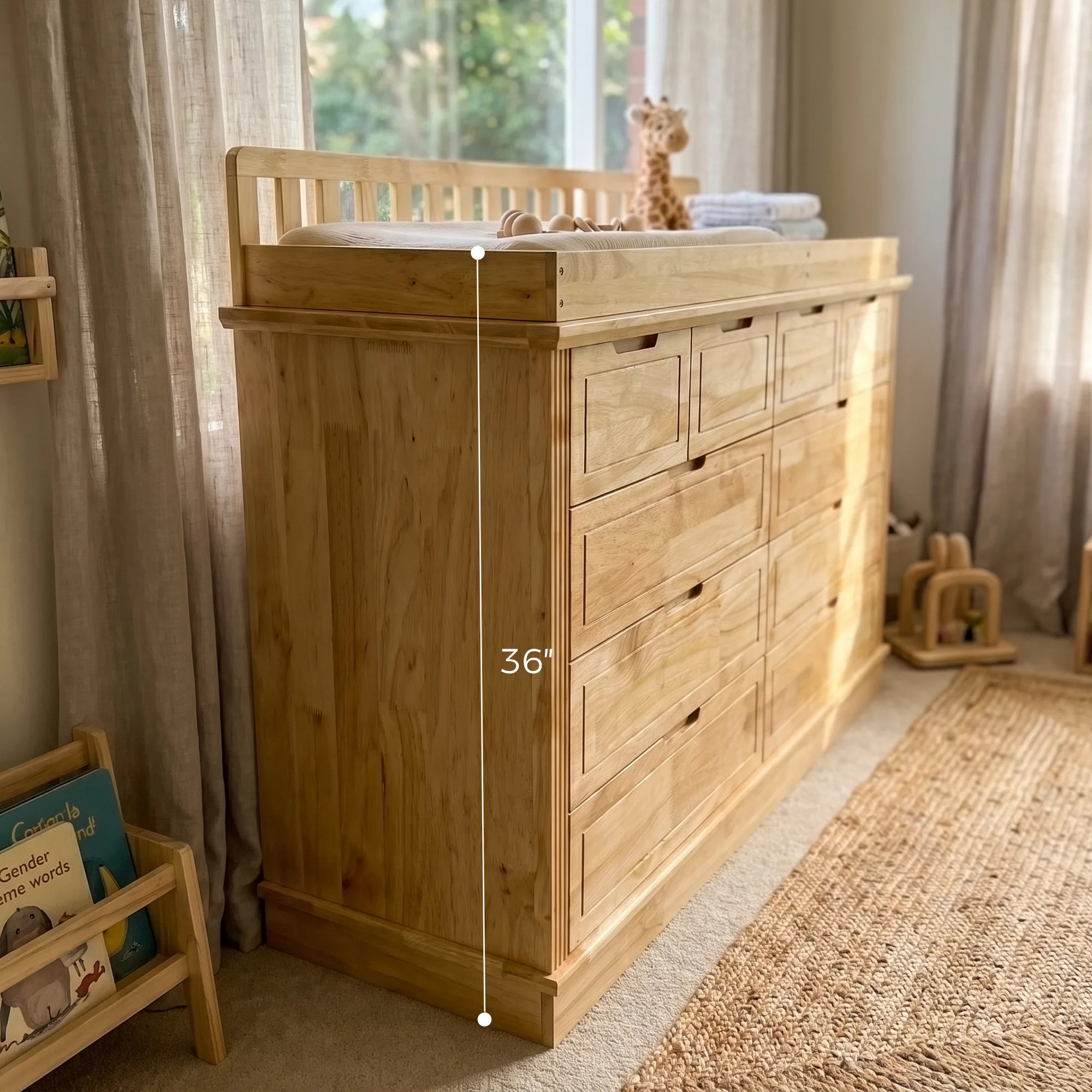 Solid Wood Changing Table with Drawers and Handle-Free Design-Natural
