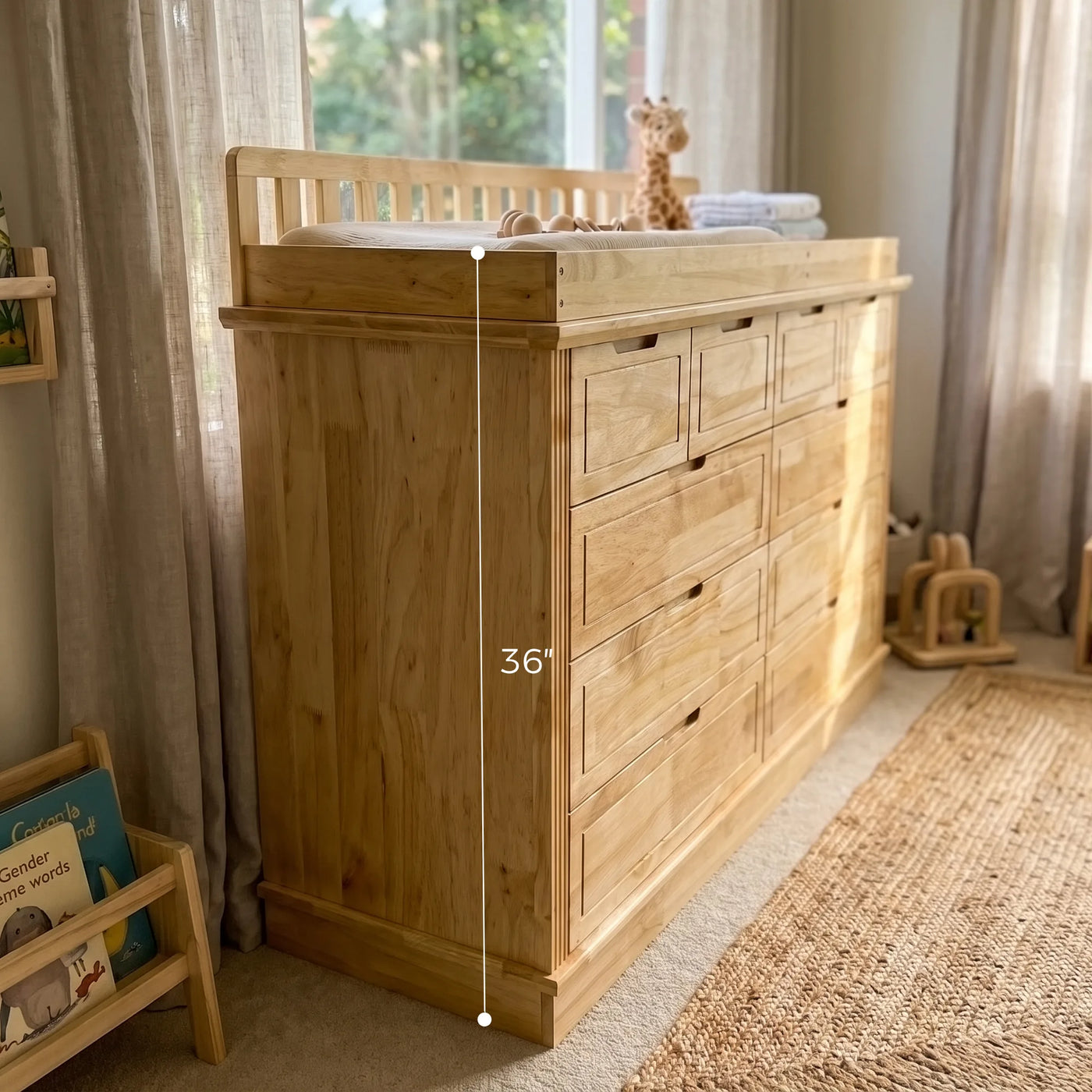 Solid Wood Changing Table with Drawers and Handle-Free Design-Natural