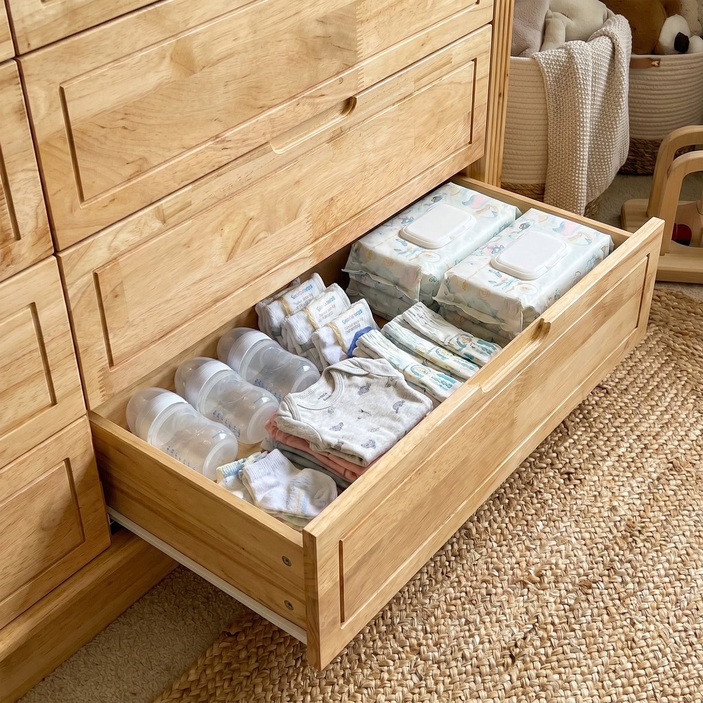 Solid Wood Changing Table with Drawers and Handle-Free Design-Natural