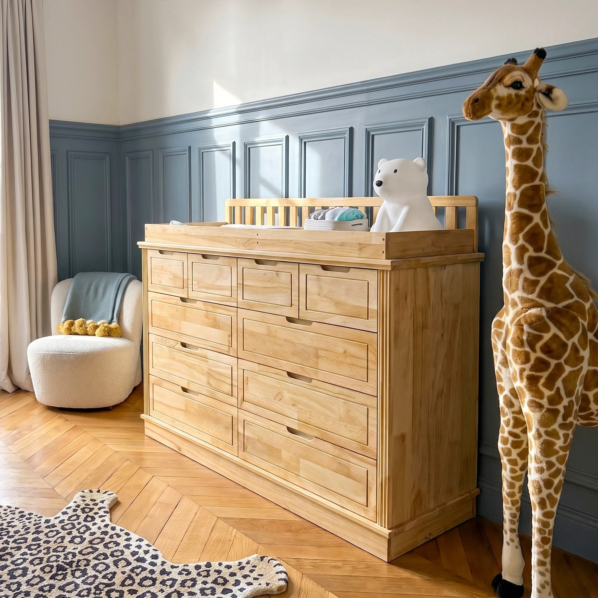 Solid Wood Changing Table with Drawers and Handle-Free Design-Natural