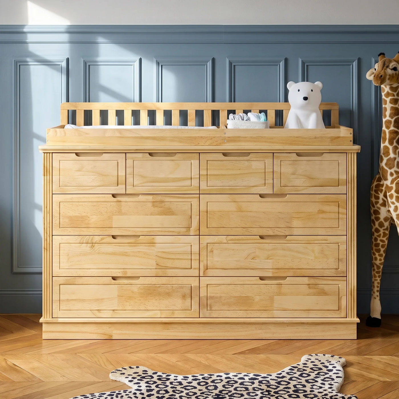 Solid Wood Changing Table with Drawers and Handle-Free Design-Natural