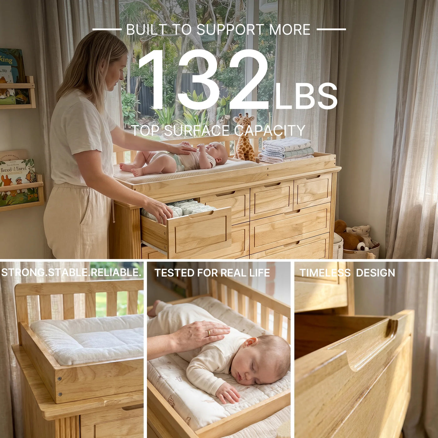 Solid Wood Changing Table with Drawers and Handle-Free Design-Natural