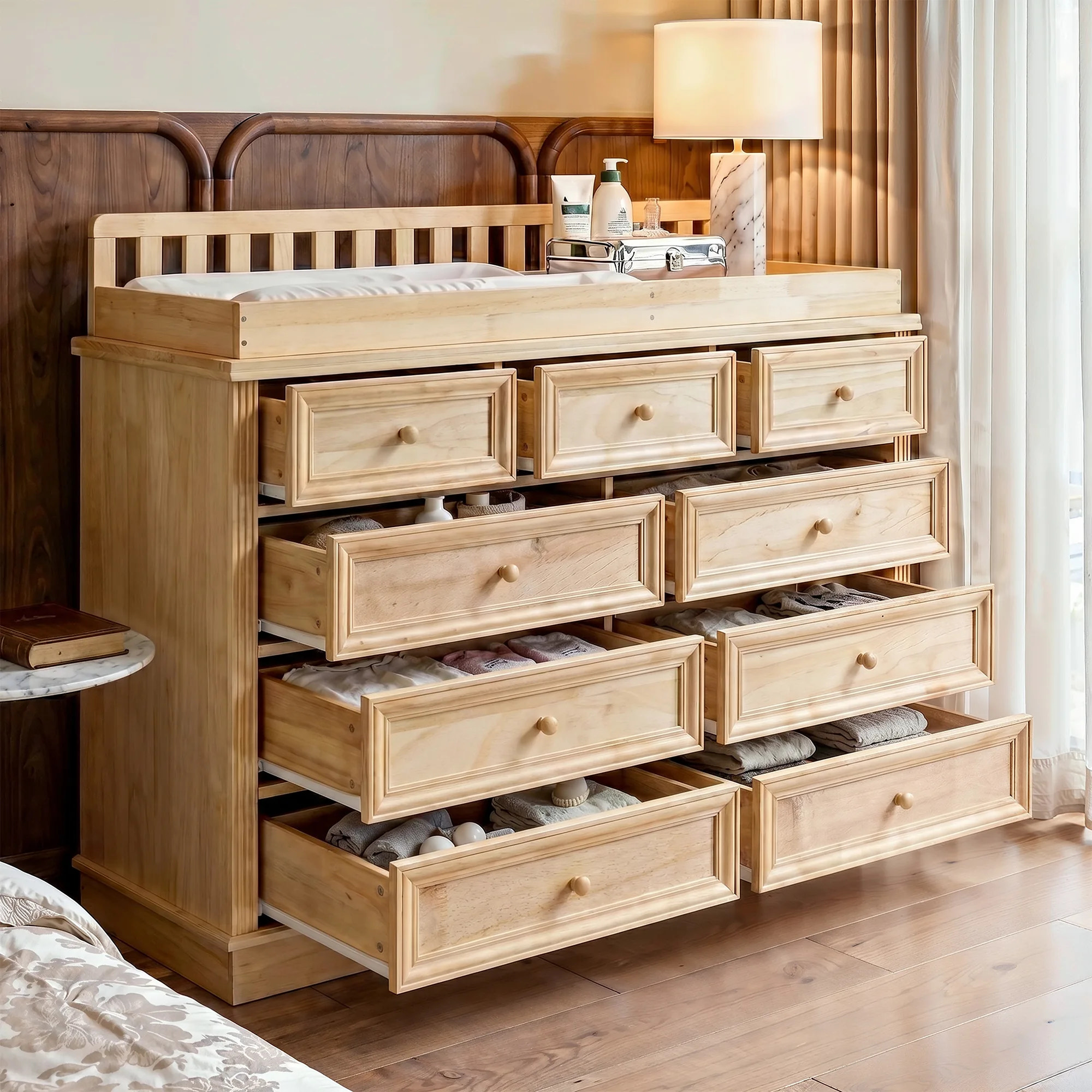 Solid Wood Changing Table with Drawers and Round Knob Handles-Natural