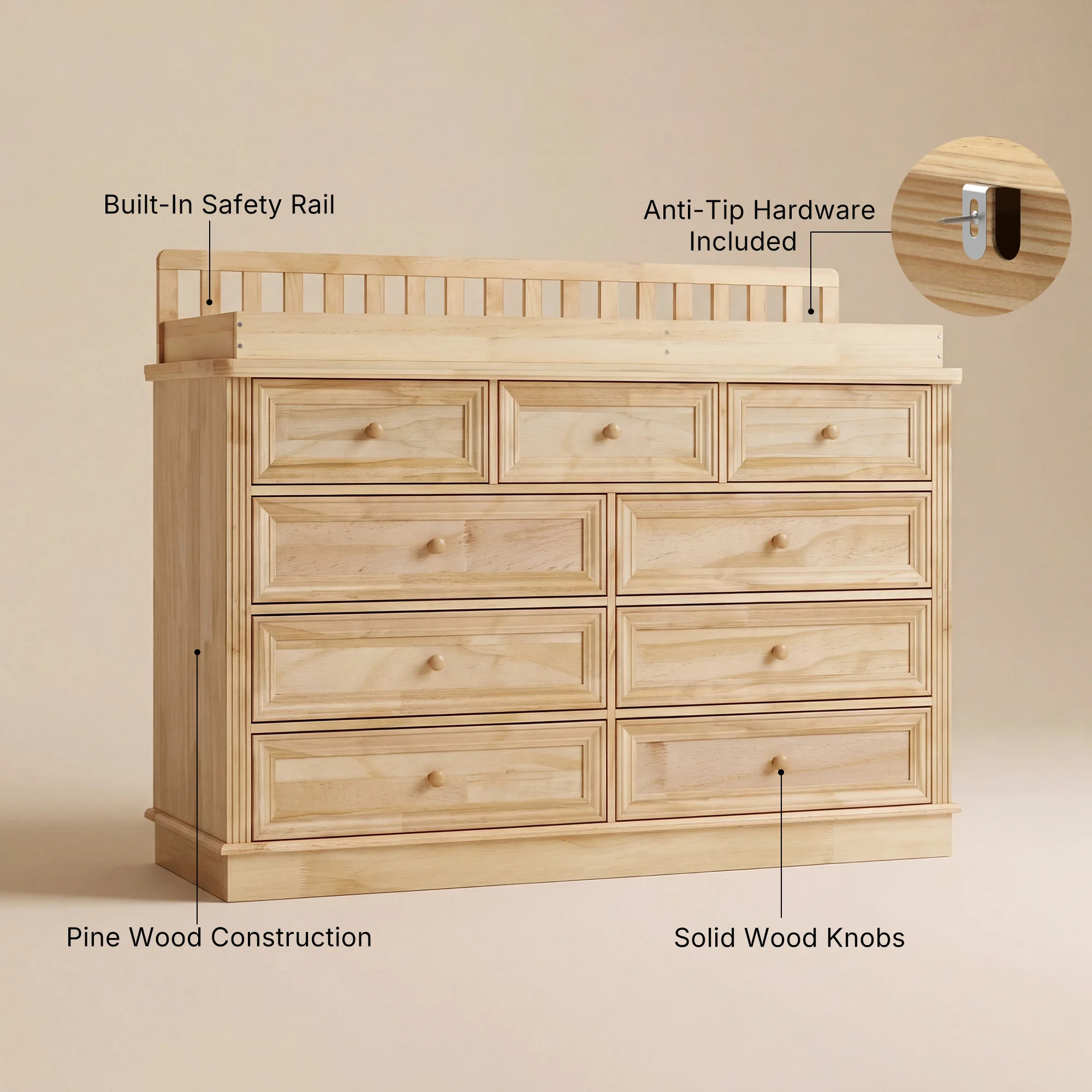 Solid Wood Changing Table with Drawers and Round Knob Handles-Natural
