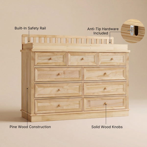 Solid Wood Changing Table with Drawers and Round Knob Handles-Natural