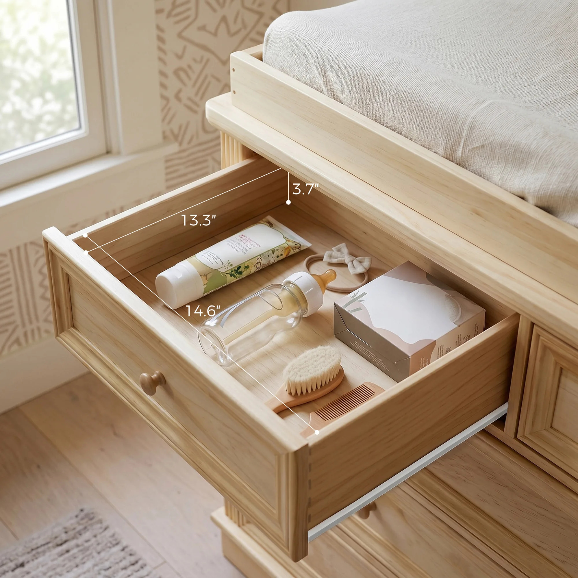 Solid Wood Changing Table with Drawers and Round Knob Handles-Natural