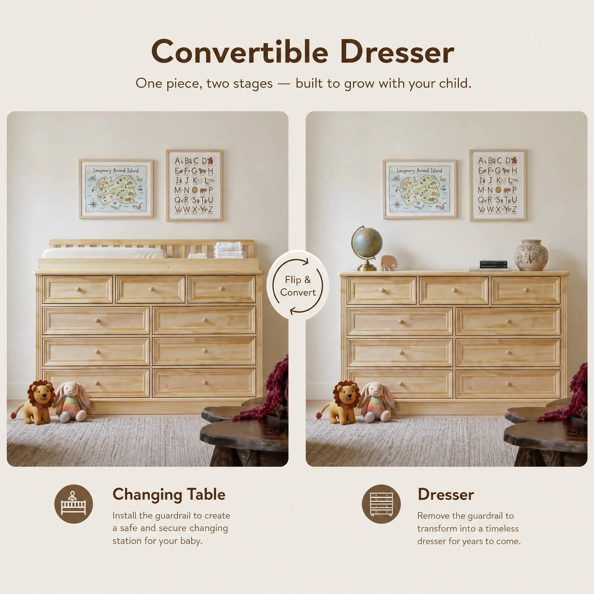 Solid Wood Changing Table with Drawers and Round Knob Handles-Natural