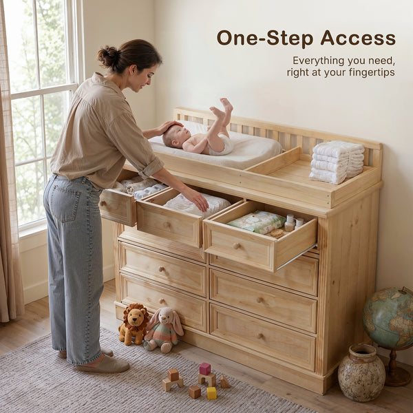 Solid Wood Changing Table with Drawers and Round Knob Handles-Natural