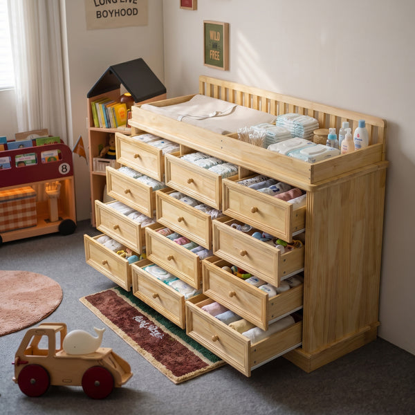 Solid Wood Changing Table with 9 Drawers-Natural