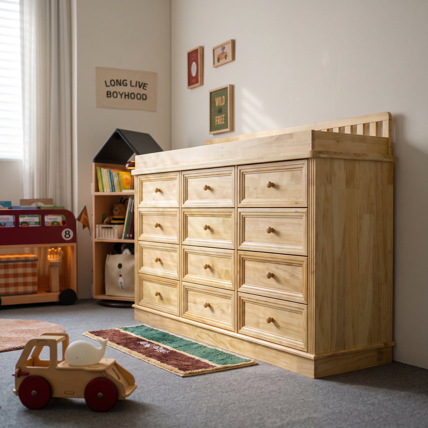 Solid Wood Changing Table with 9 Drawers-Natural