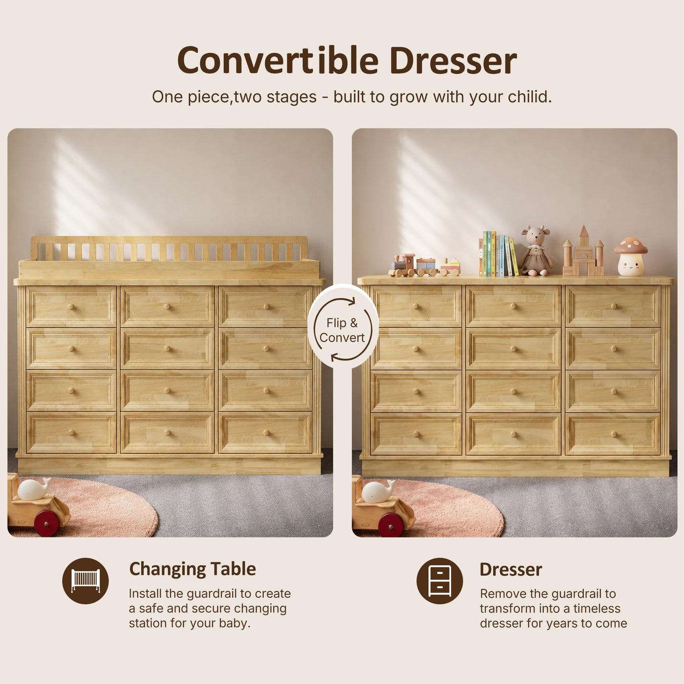 Solid Wood Changing Table with 9 Drawers-Natural