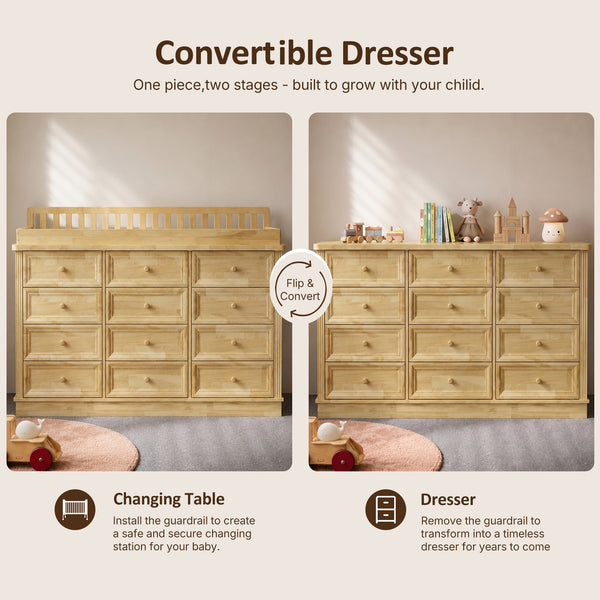 Solid Wood Changing Table with 9 Drawers-Natural