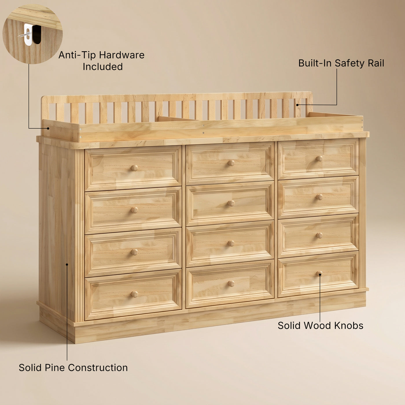 Solid Wood Changing Table with 9 Drawers-Natural