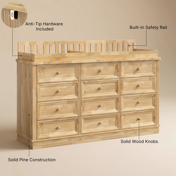 Solid Wood Changing Table with 9 Drawers-Natural