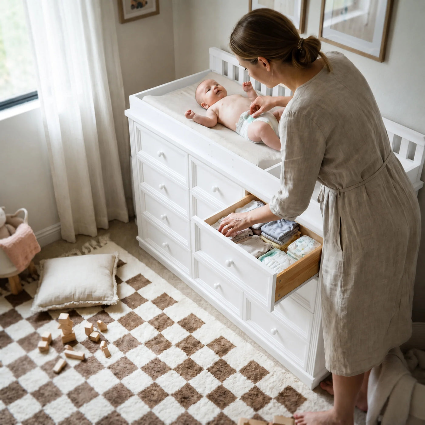 Solid Wood Changing Table with 12 Drawers-White