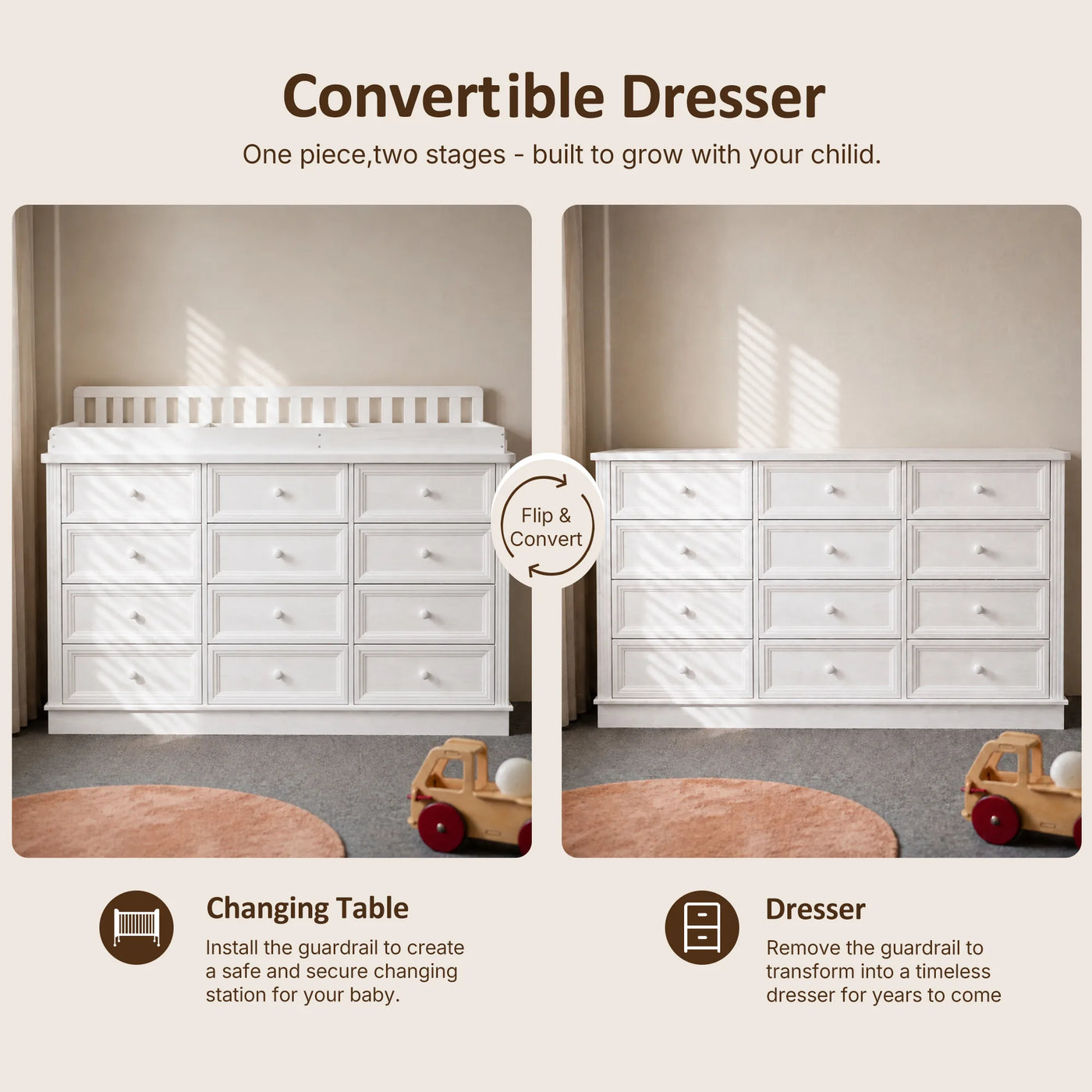 Solid Wood Changing Table with 12 Drawers-White