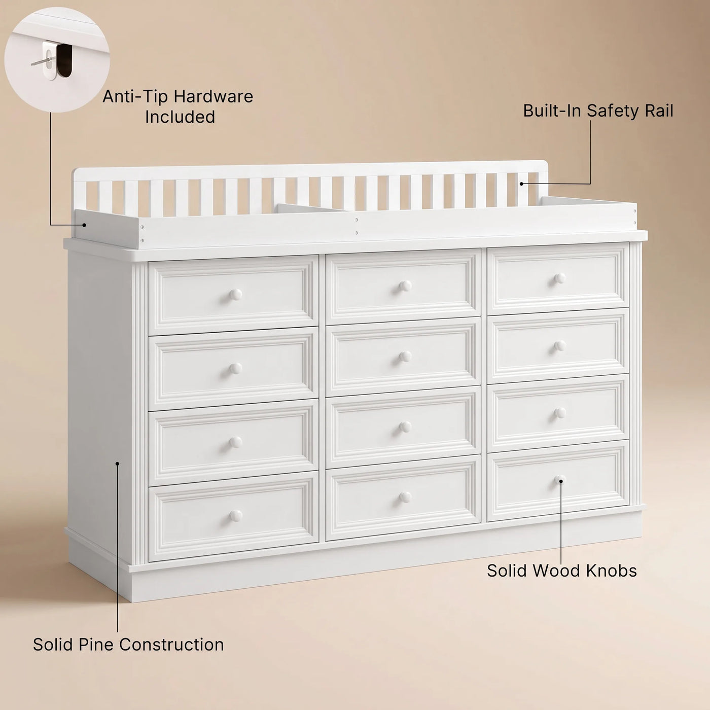 Solid Wood Changing Table with 12 Drawers-White