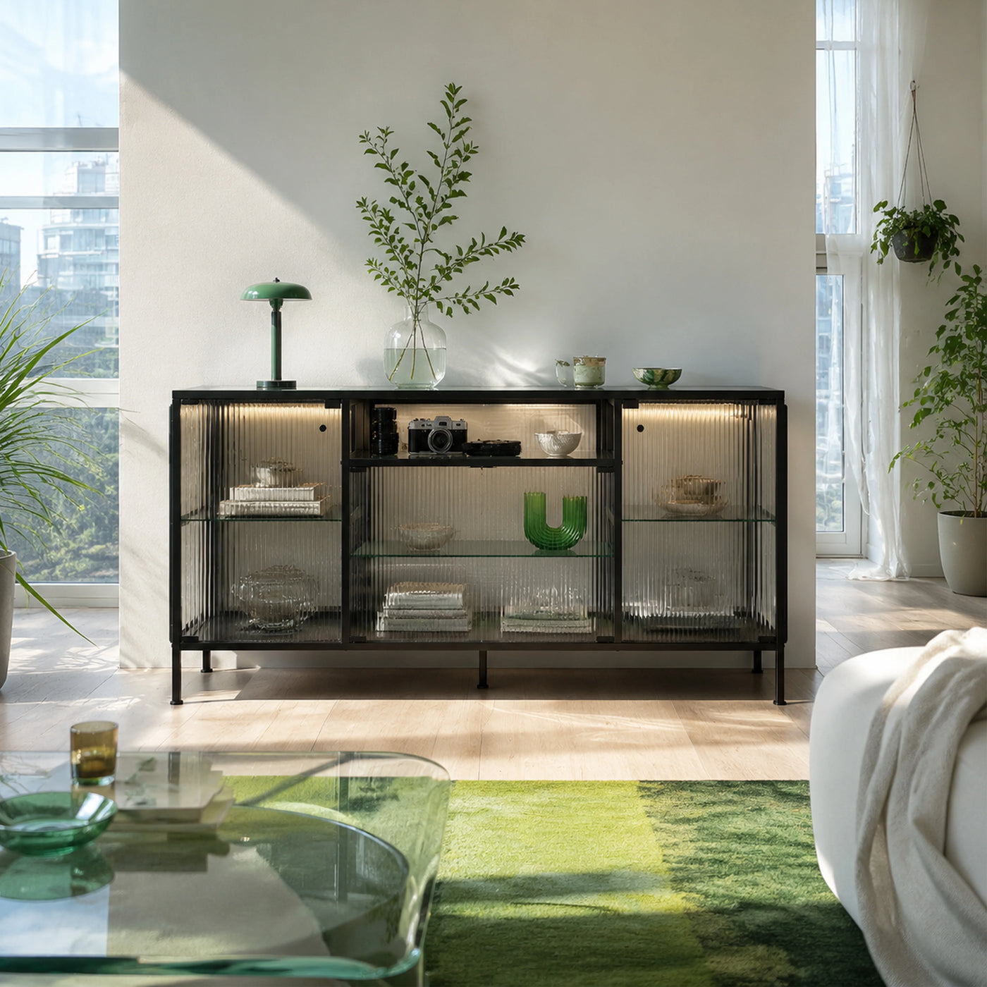 Display Cabinet with LED Lighting and Open Shelving