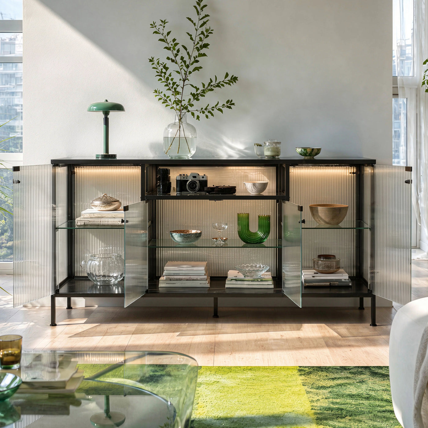 Display Cabinet with LED Lighting and Open Shelving