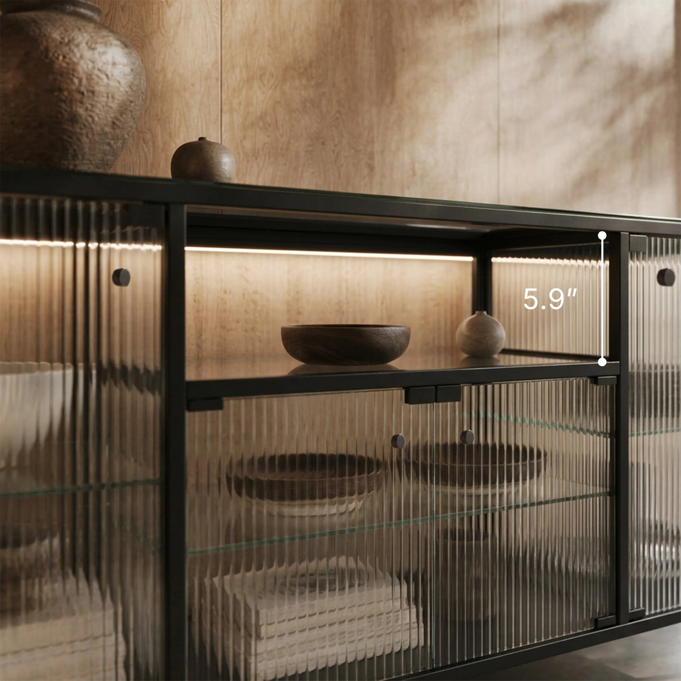 Display Cabinet with LED Lighting and Open Shelving