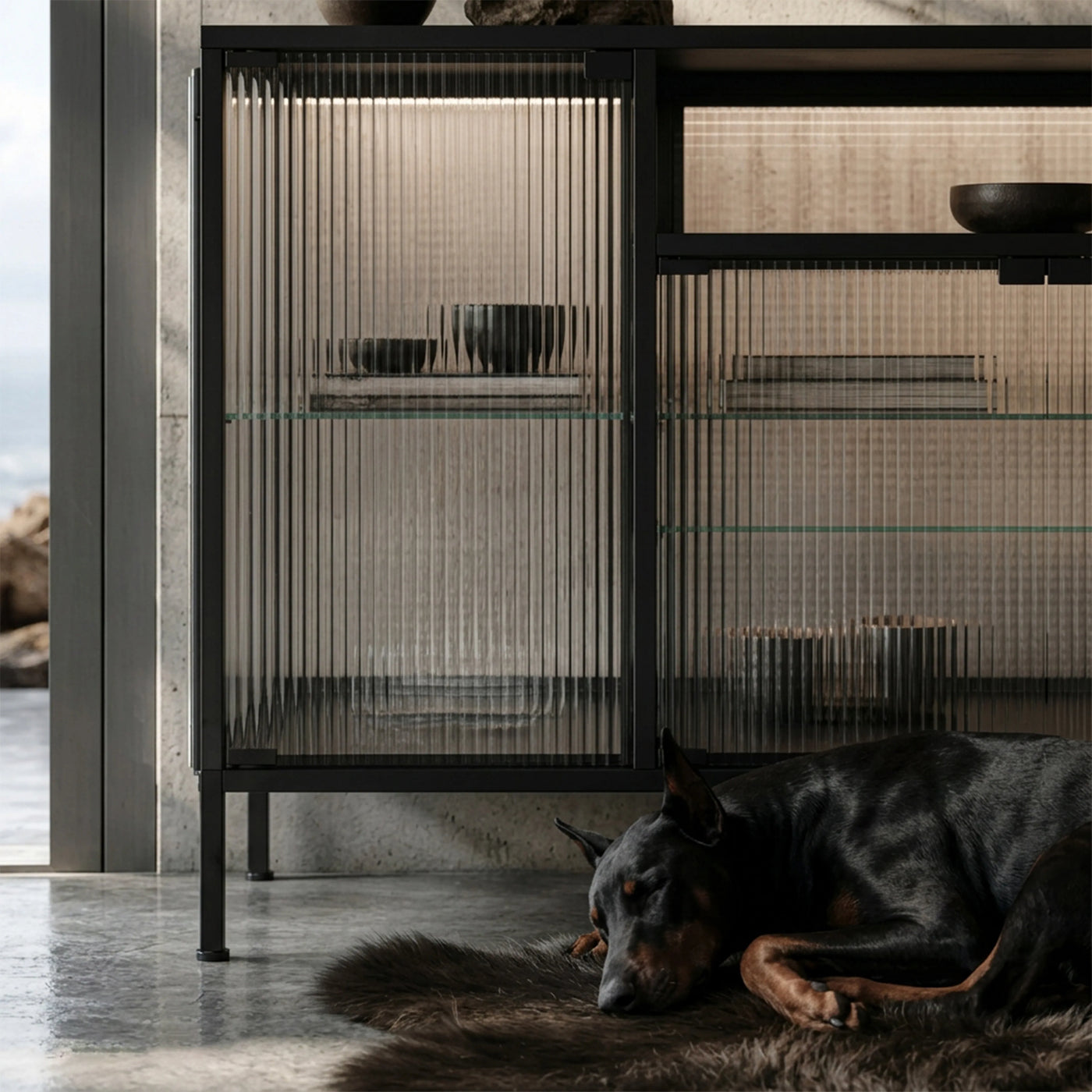 Display Cabinet with LED Lighting and Open Shelving
