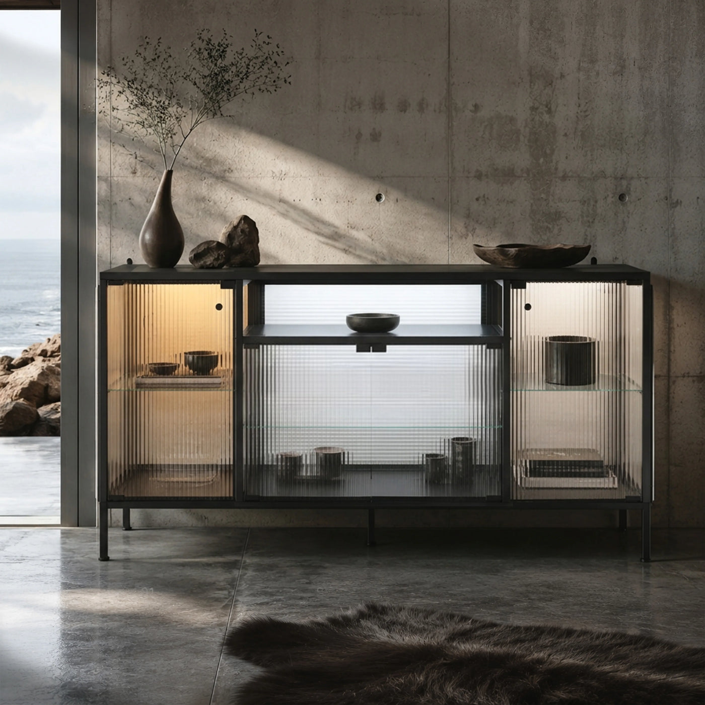 Display Cabinet with LED Lighting and Open Shelving