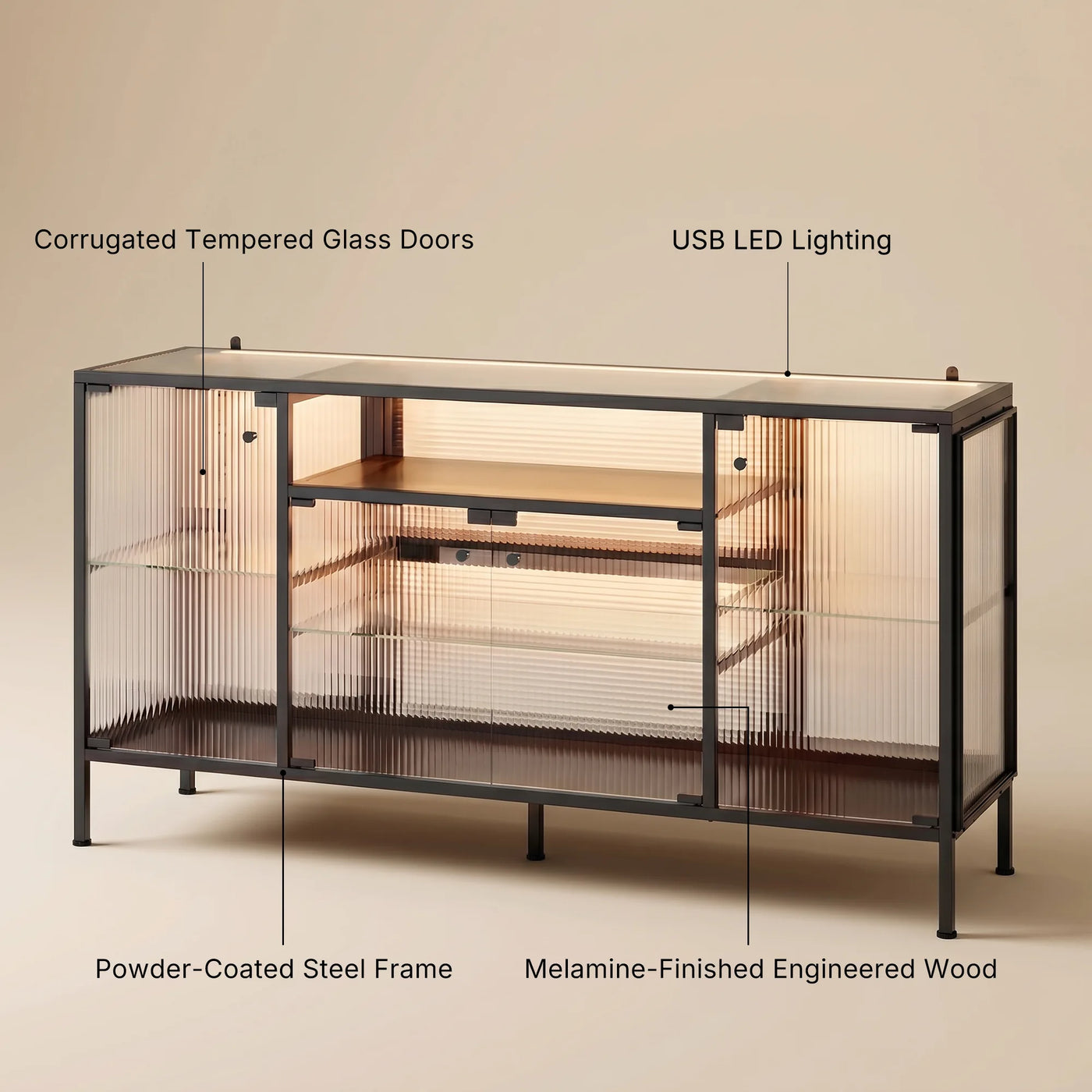 Display Cabinet with LED Lighting and Open Shelving