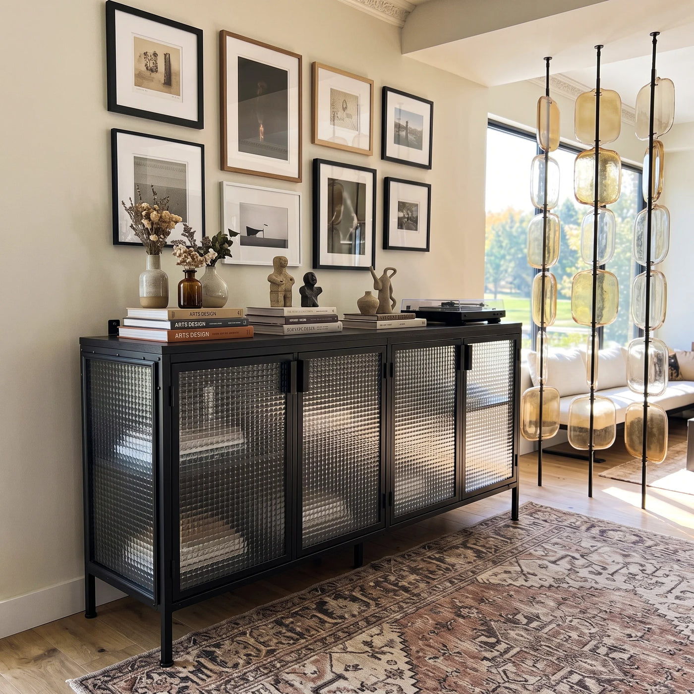 Storage Cabinet with Glass Doors and Metal Frame