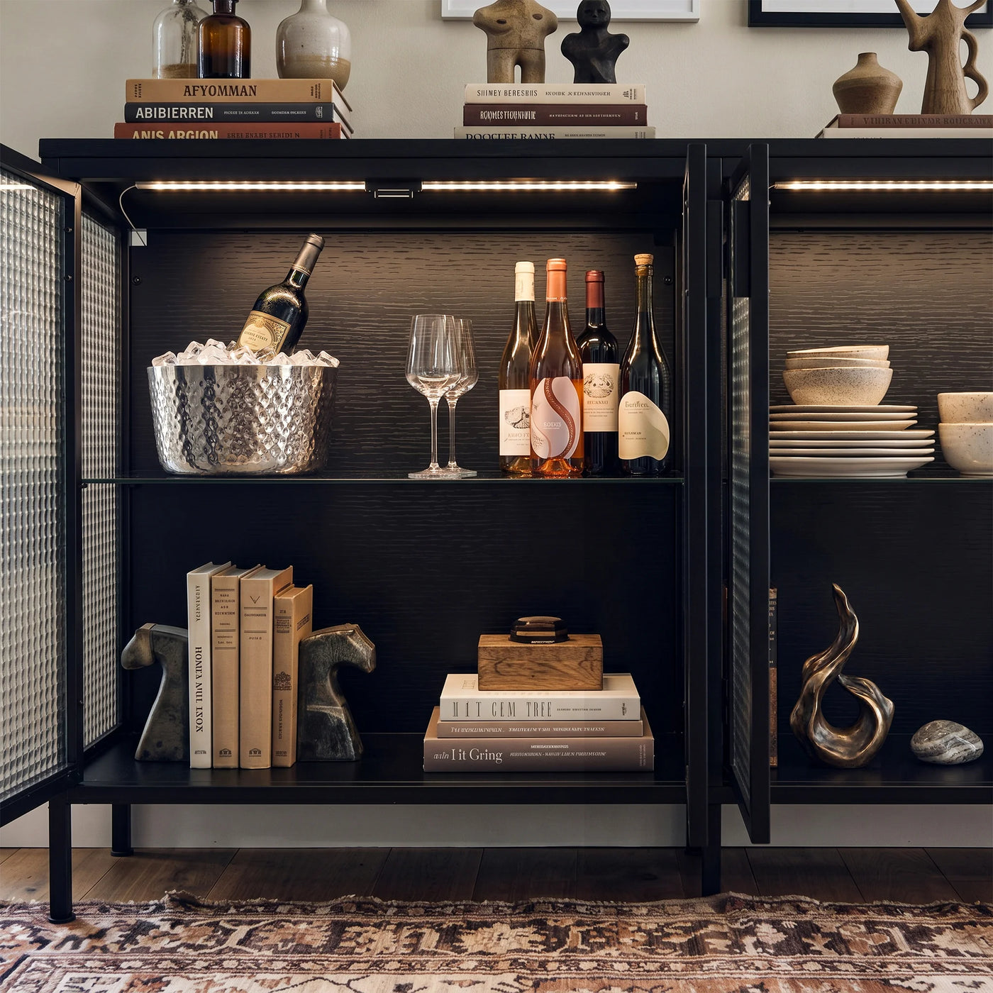 Storage Cabinet with Glass Doors and Metal Frame