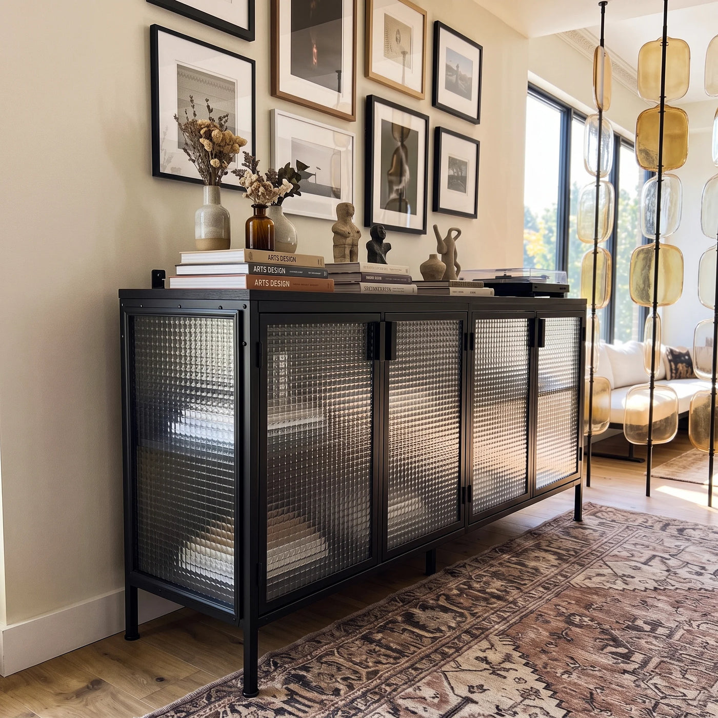 Storage Cabinet with Glass Doors and Metal Frame