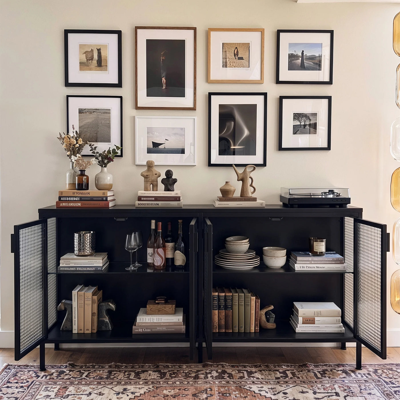 Storage Cabinet with Glass Doors and Metal Frame