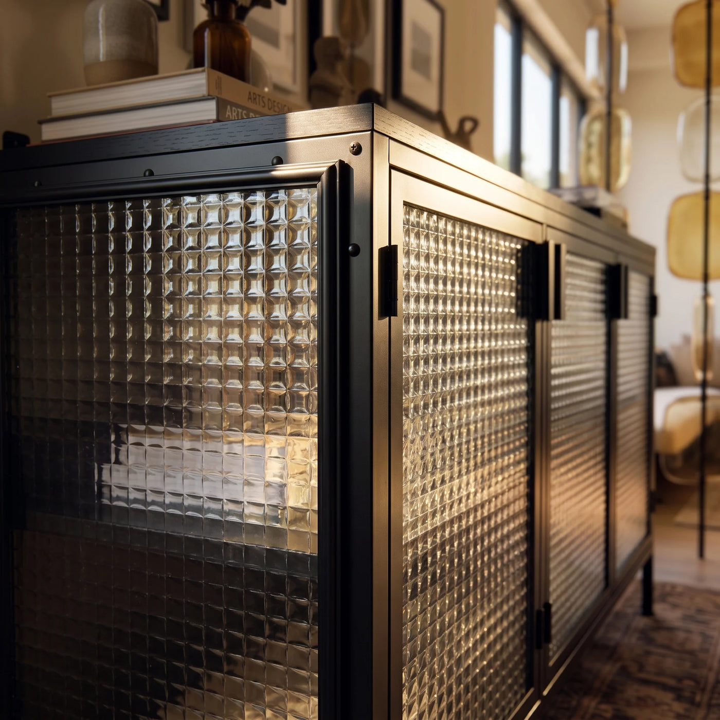 Storage Cabinet with Glass Doors and Metal Frame