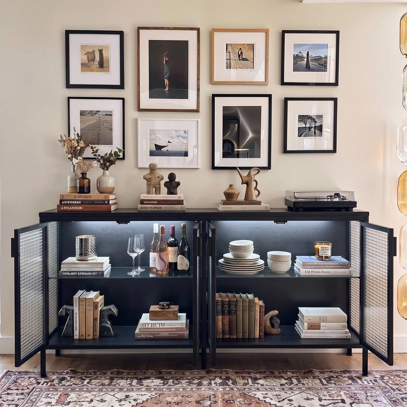 Storage Cabinet with Glass Doors and Metal Frame