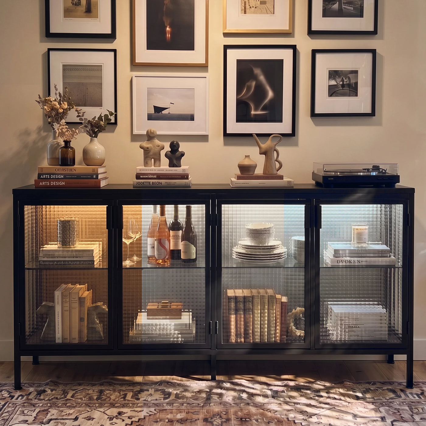 Storage Cabinet with Glass Doors and Metal Frame