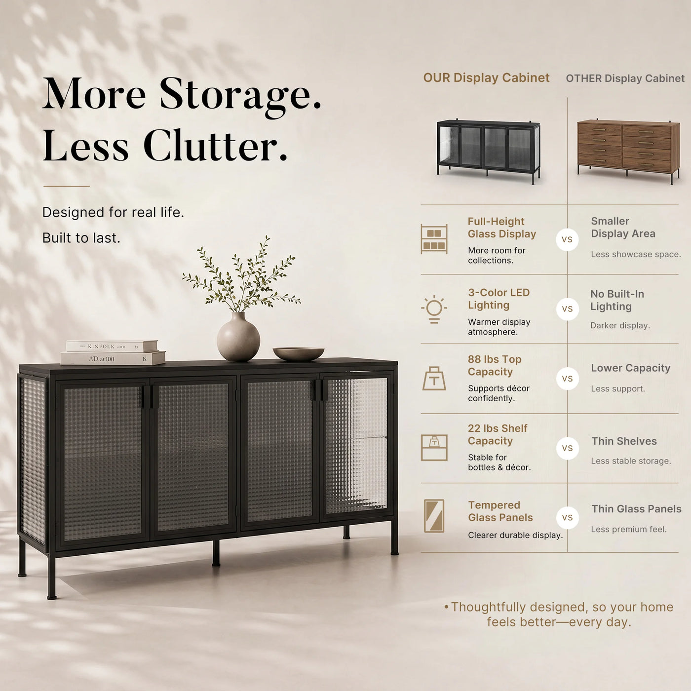Storage Cabinet with Glass Doors and Metal Frame