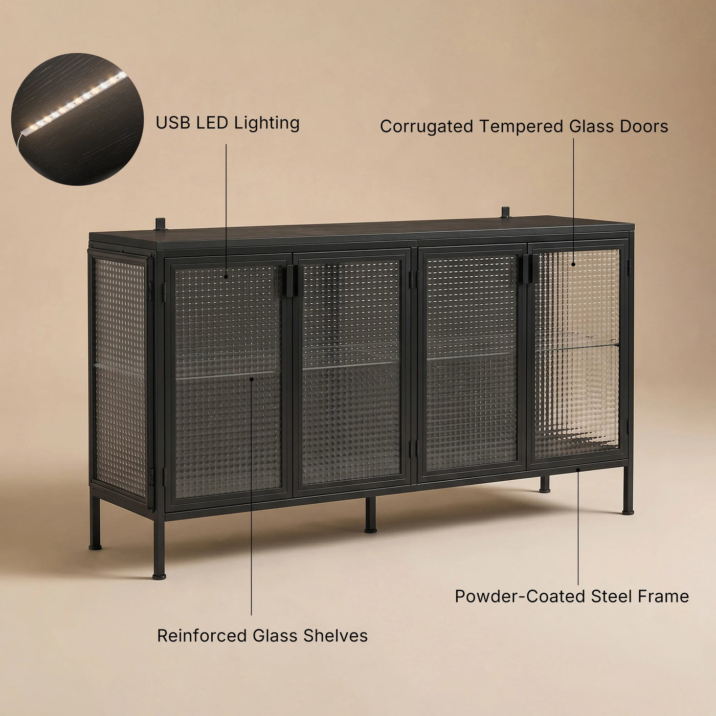 Storage Cabinet with Glass Doors and Metal Frame