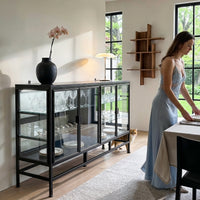 4-Door Display Cabinet with Glass Shelves and Iron Legs
