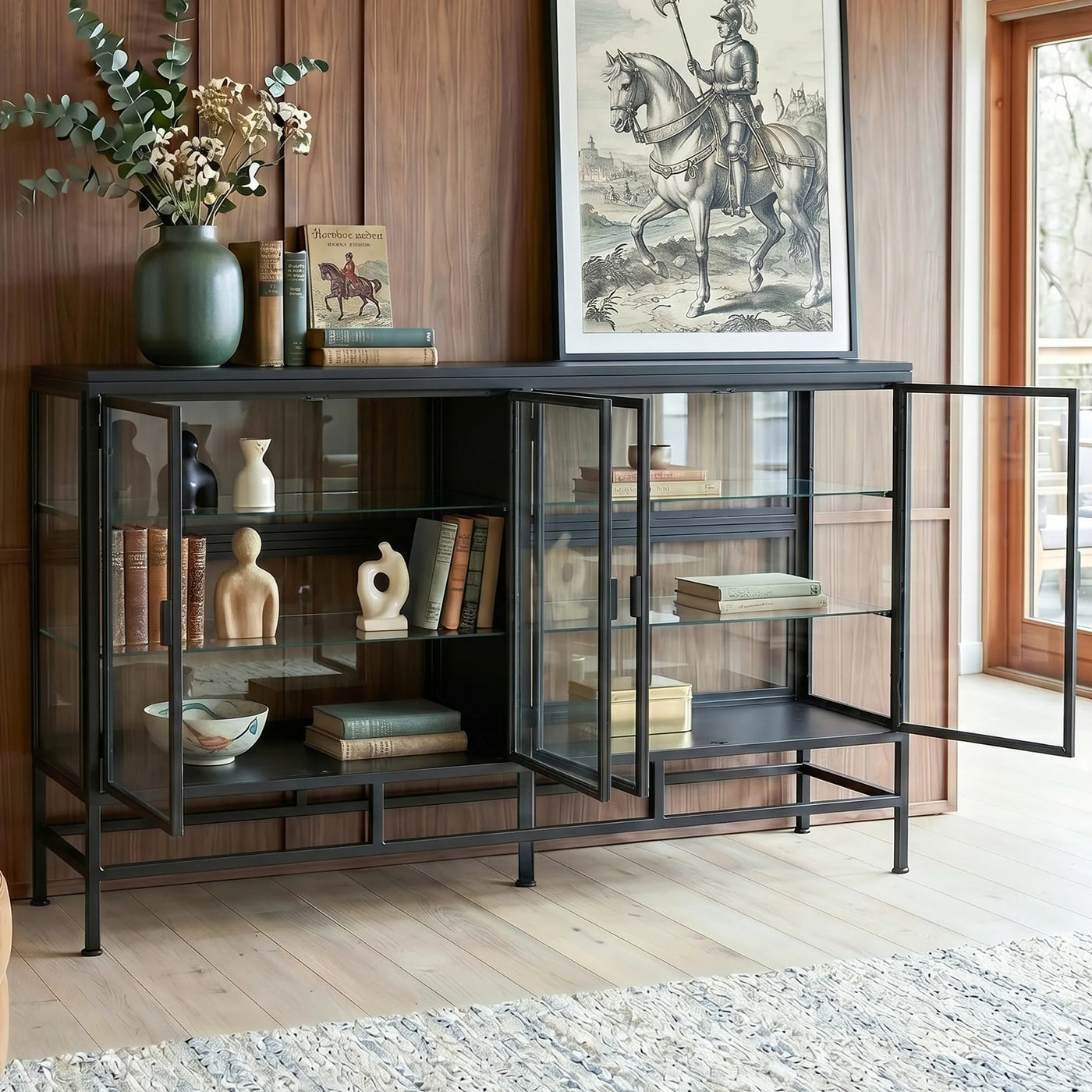 4-Door Display Cabinet with Glass Shelves and Iron Legs