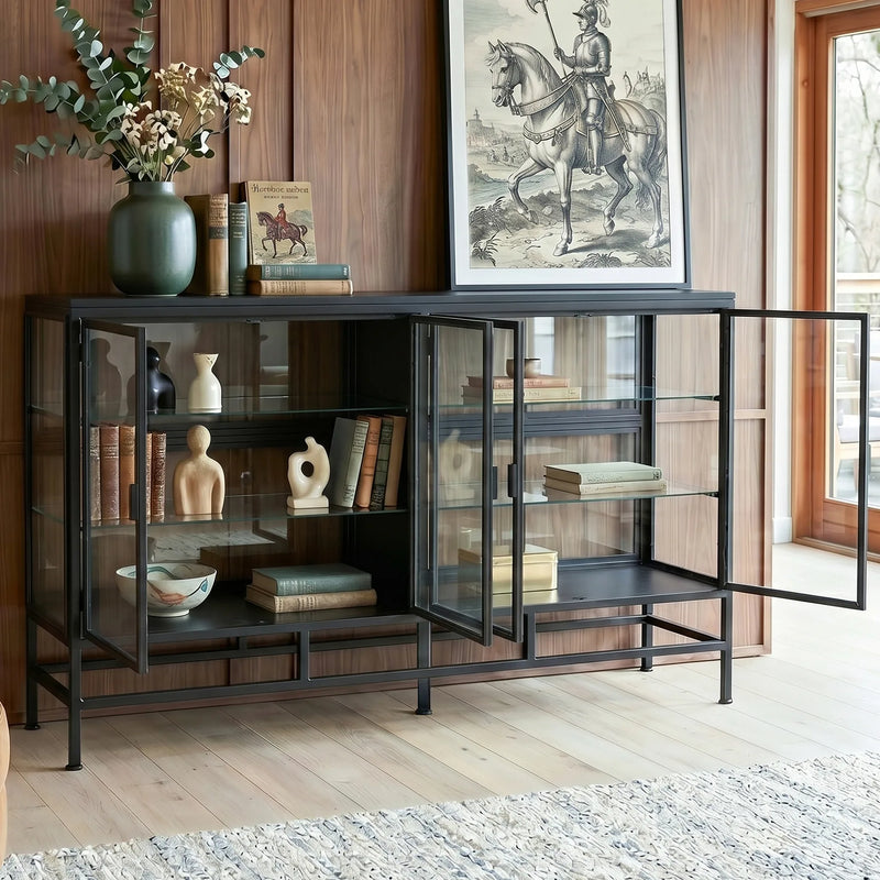4-Door Display Cabinet with Glass Shelves and Iron Legs