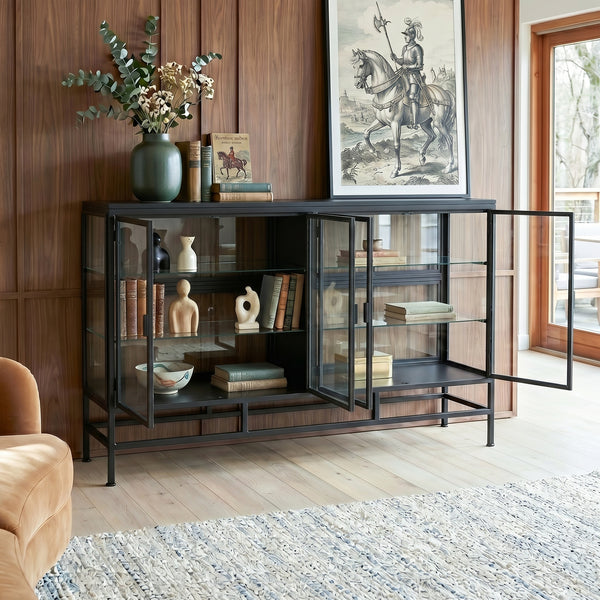 4-Door Display Cabinet with Glass Shelves and Iron Legs